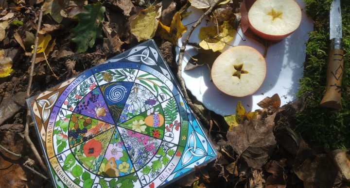 Autel de Samhain comprenant une roue des saisons, une pomme coupée en deux montrant le pentacle contenant les graines. Le tout sur un sol de feuilles d'automne.
